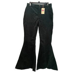 Entro Woman's Stretch Wide Bell Bottom Corduroy Hunter Green Pants Boho